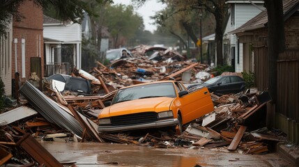 Flooded street littered with debris and damaged cars. The aftermath of a natural disaster with extensive destruction in a residential area.