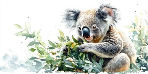 Obraz premium Watercolor Painting of a Koala Sitting in Eucalyptus Leaves