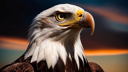 Obraz premium cinematic closeup of a majestic eagle with sharp, piercing eyes. Focus on its powerful beak and the detailed texture of its feathers.