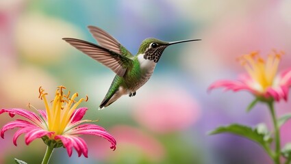 Fototapeta premium closeup of a hummingbird in mid-flight, hovering near a vibrant flower.