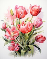 Obraz premium Bouquet of tulips in watercolor style. Botanical illustration