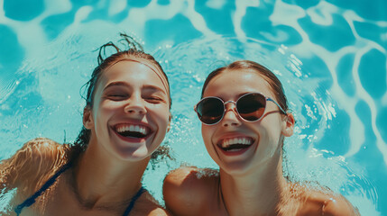 Two Swimmers Enjoying Laughter Together by the Poolside on a Sunny Day