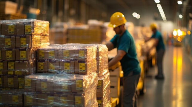 Worker in a warehouse stacking boxes on pallets, showcasing industrial efficiency and productivity in a modern environment.