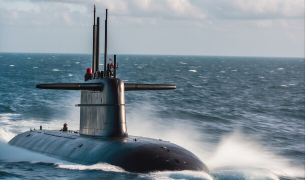 A submarine cruises through the open ocean on a bright day