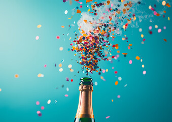 Confetti bursts out from a champagne bottle.