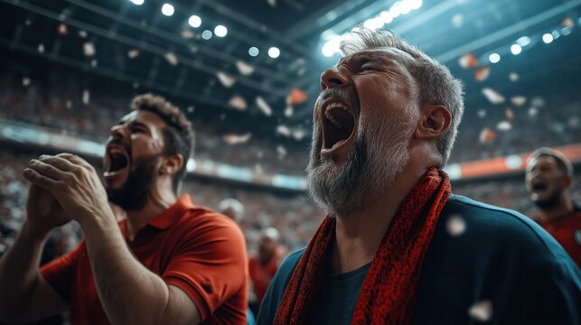 Close-up of passionate sports fans cheering in a stadium, capturing their excitement and enthusiasm during a live sporting event.