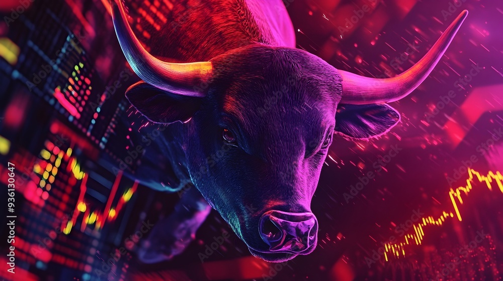 Poster dynamic bull and bear symbols over financial data chart and graphs
