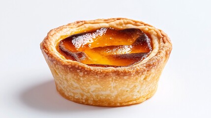 Golden Egg Tart: A single, perfectly baked egg tart, its golden crust glistening with a rich, custardy filling. The tart is shot from above, set against a pristine white background