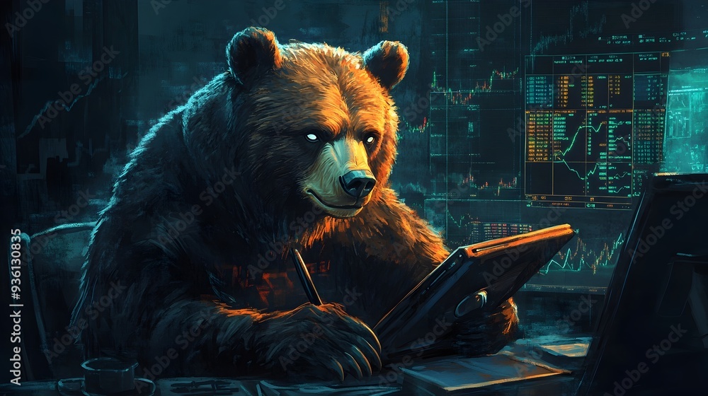 Poster intelligent bear analyzing financial data on a technological display interface
