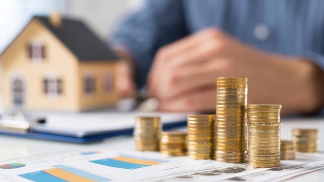 A person analyzing financial data with coins and a model house, representing investment and real estate management.