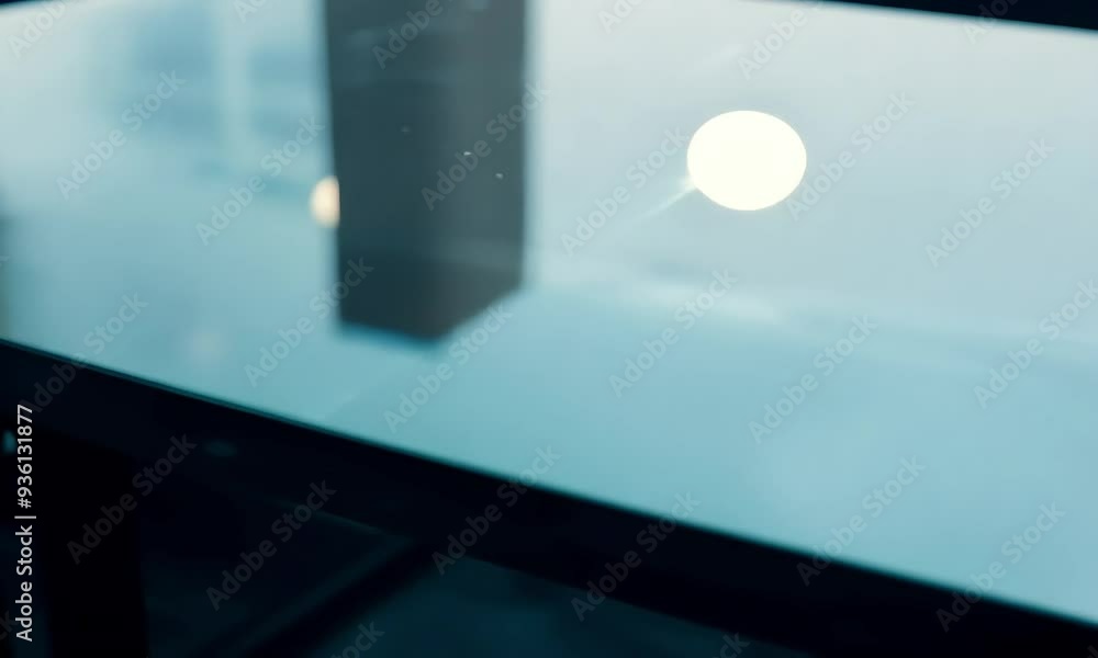 Poster a reflective glass table surface with soft lighting and blurred background elements.