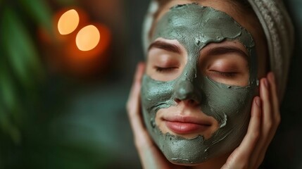 A woman with her eyes closed, applying a face mask as part of her skincare routine.