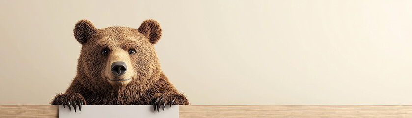 Fototapeta premium A curious bear peeking over a table, creating an engaging and playful atmosphere for various creative projects.
