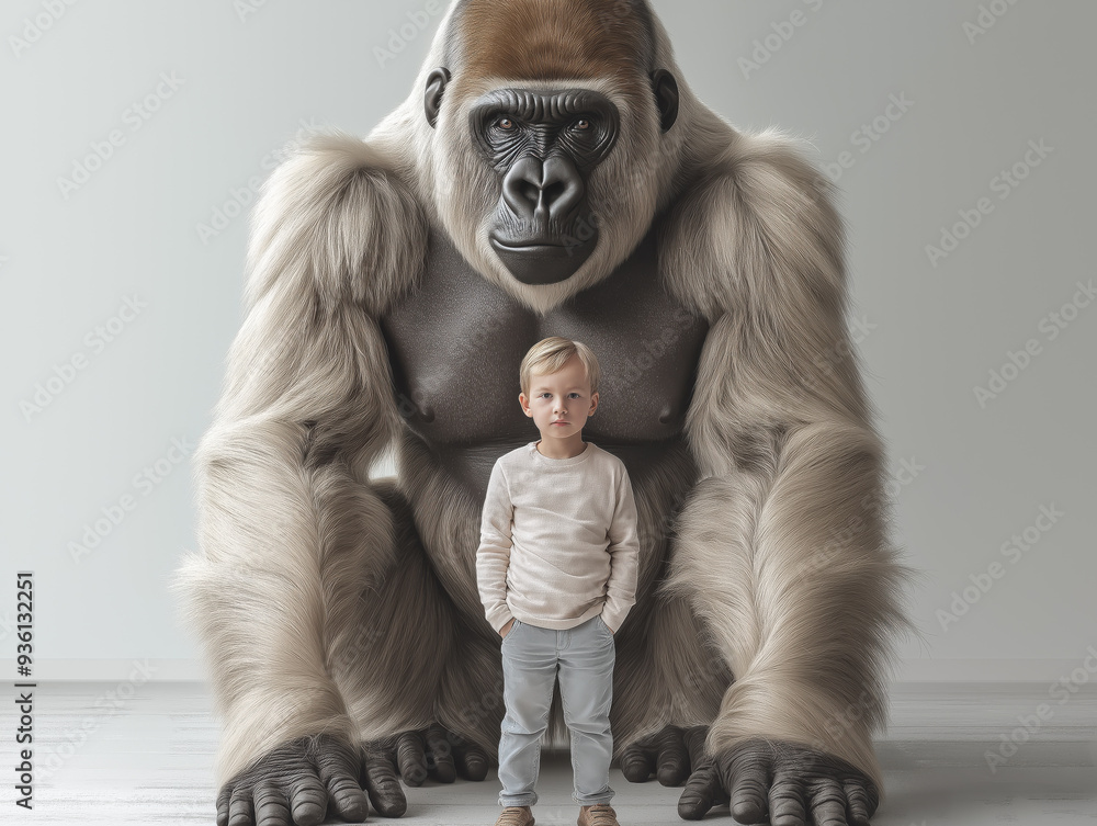 Poster fotoporträt eines kleinen jungen mit einem riesigen gorilla