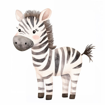 Watercolor Cartoon flat illustration cute baby zebra standing side view naive style on white background 