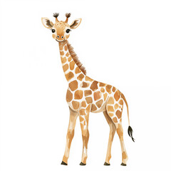 Naklejka premium Watercolor Cartoon flat illustration cute baby giraffe standing side view on white background