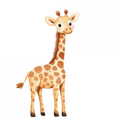 Watercolor Cartoon flat illustration cute baby giraffe standing side view naive style on white background