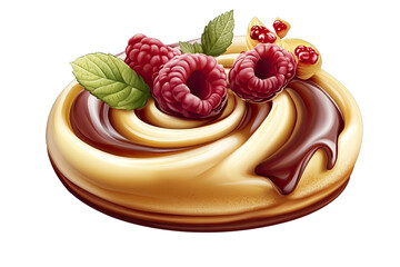 Delicious sweet pastry topped with fresh raspberries and chocolate, perfect for desserts or bakery-related visuals.