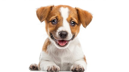 Welsh puppy sitting with a joyful wink, panting on a white backdrop