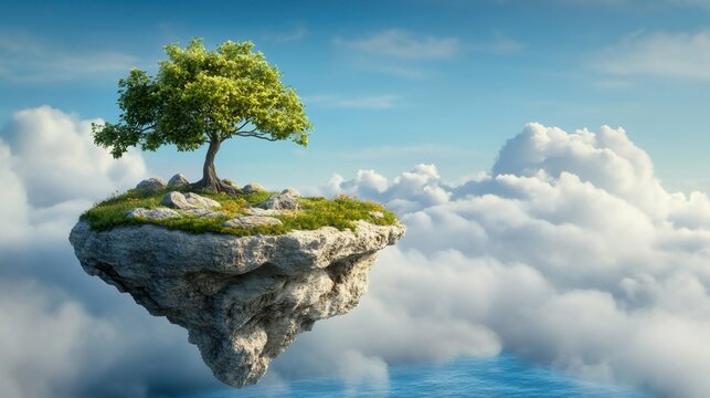 Misty sky island with floating rocks and a hidden cave entrance