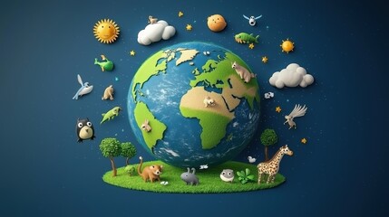 Fototapeta premium Colorful cartoon Earth illustration with diverse animals such as giraffes, tigers, and penguins, plants, and natural elements including mountains, rivers, and stars. 