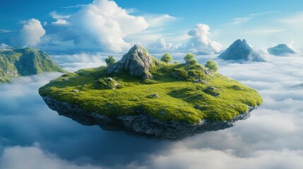Misty sky island with floating rocks and a hidden cave entrance