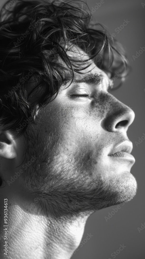 Aufkleber in a striking black and white setting, a handsome man gazes upward, his closed eyes and serene expre
