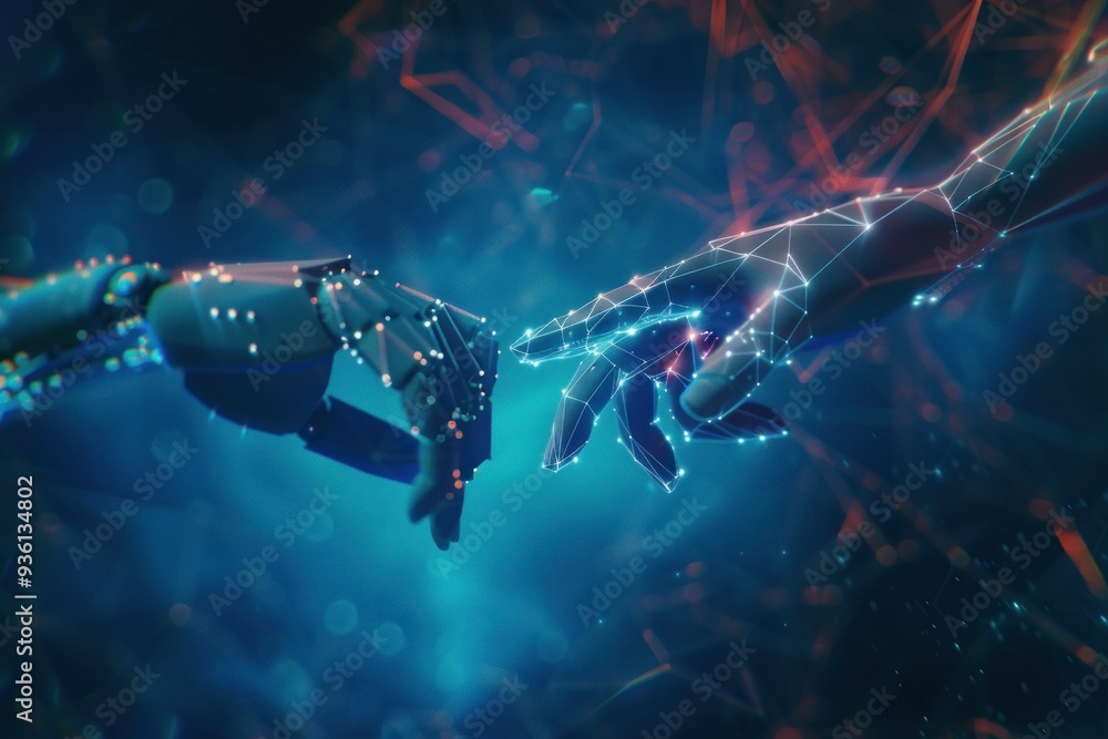 Poster abstract representation of a robotic hand reaching towards a human hand in a digital setting with gl