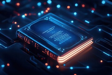 A glowing book on a futuristic circuit board background.