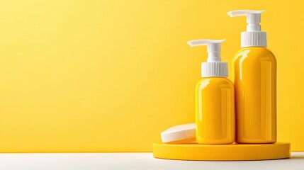 Front view of two yellow sunscreen bottles on a yellow base with a plain white background.
