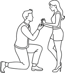 A man kneeling proposing to a womanline art illustration