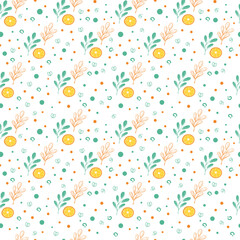 Cute warm and autumn seamless pattern with orange and green leaves. Dots pattern, on white background. Vector pattern