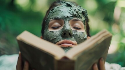 A woman relaxes with a face mask and a book, enjoying a moment of peace and tranquility.