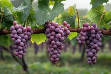 Fototapeta premium Grape vines in an orchard, featuring lush green leaves and clusters of ripe grapes ready for harvest. 