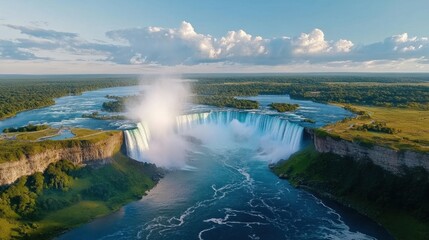 A massive waterfall in the New World, with mist rising and a rainbow arching overhead