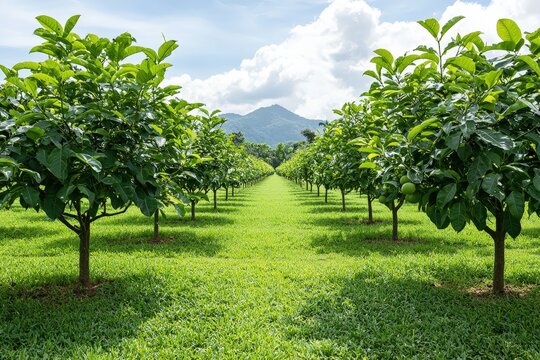 An orchard with guava trees, featuring abundant foliage and clusters of ripe guava fruits.

