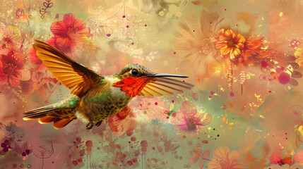 A vibrant hummingbird hovers amidst colorful flowers in a lush garden, showcasing the beauty of nature during a sunny afternoon in spring