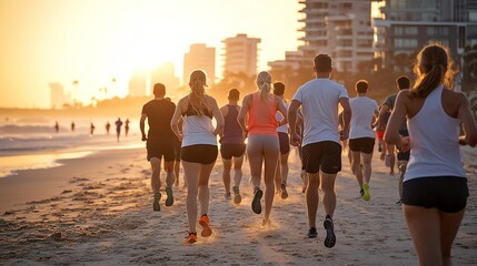 Diverse group of people jogging at sunrise on a beach, energy and health through community exercise