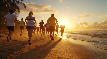 Diverse group of people jogging at sunrise on a beach, energy and health through community exercise