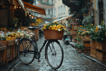 Bicycle with a basket full of groceries in an urban setting 