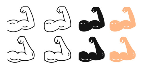 Strong man arm muscle vector icon set in black filled and outlined style