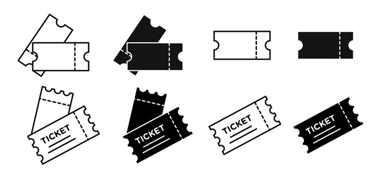 Tickets icon set in filled and outlined black color, isolated on white background with various styles.