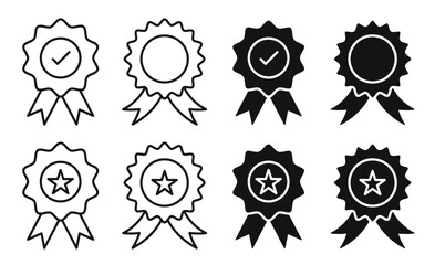 Rosette icon set featuring 1, tick, and star symbols. First prize icon with premium quality ribbon. Best, high standard, or top-quality product vector symbols