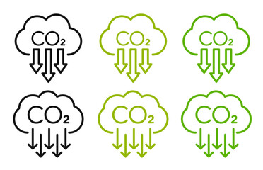 Reduce CO2 gas icon set in green and black colors. Zero carbon emissions symbols. Carbon reduction cloud pictogram. Cut CO2 sign with low carbon footprint and zero greenhouse gas logos