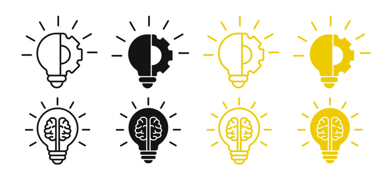 Innovation icon set with lightbulb and gear symbol. Creative solution bulb and cogwheel vector icon