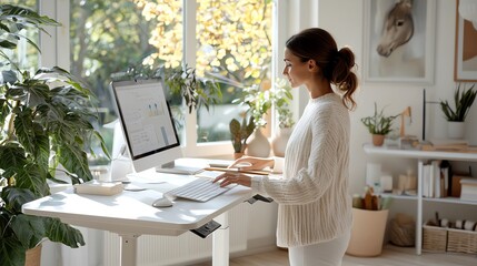 Person using a standing desk in a bright home office, health through ergonomic design, modern workspace