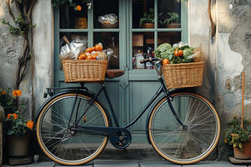 Bicycle with a basket full of groceries in an urban setting 