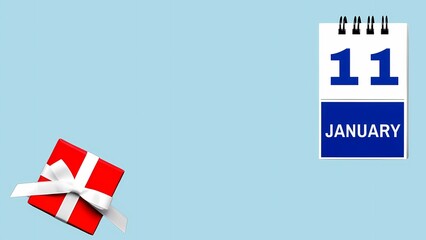 January 11 Calendar Design with Gift Box on a Blue Background