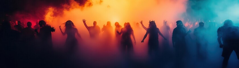 Haunted Halloween party with fog machines, spooky decorations, and guests in terrifying costumes, Spooky, Cool Tones, High Energy