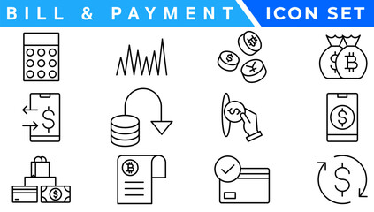 Payment icon set. Business and finance payment collection with money, banking, credit card, exchange, cash and transaction symbol.